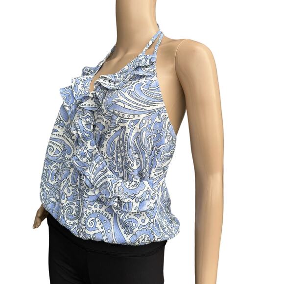 Express Women's Blue White Paisley Ruffled Sleeveless Halter Neck Top Size S - Picture 2 of 5